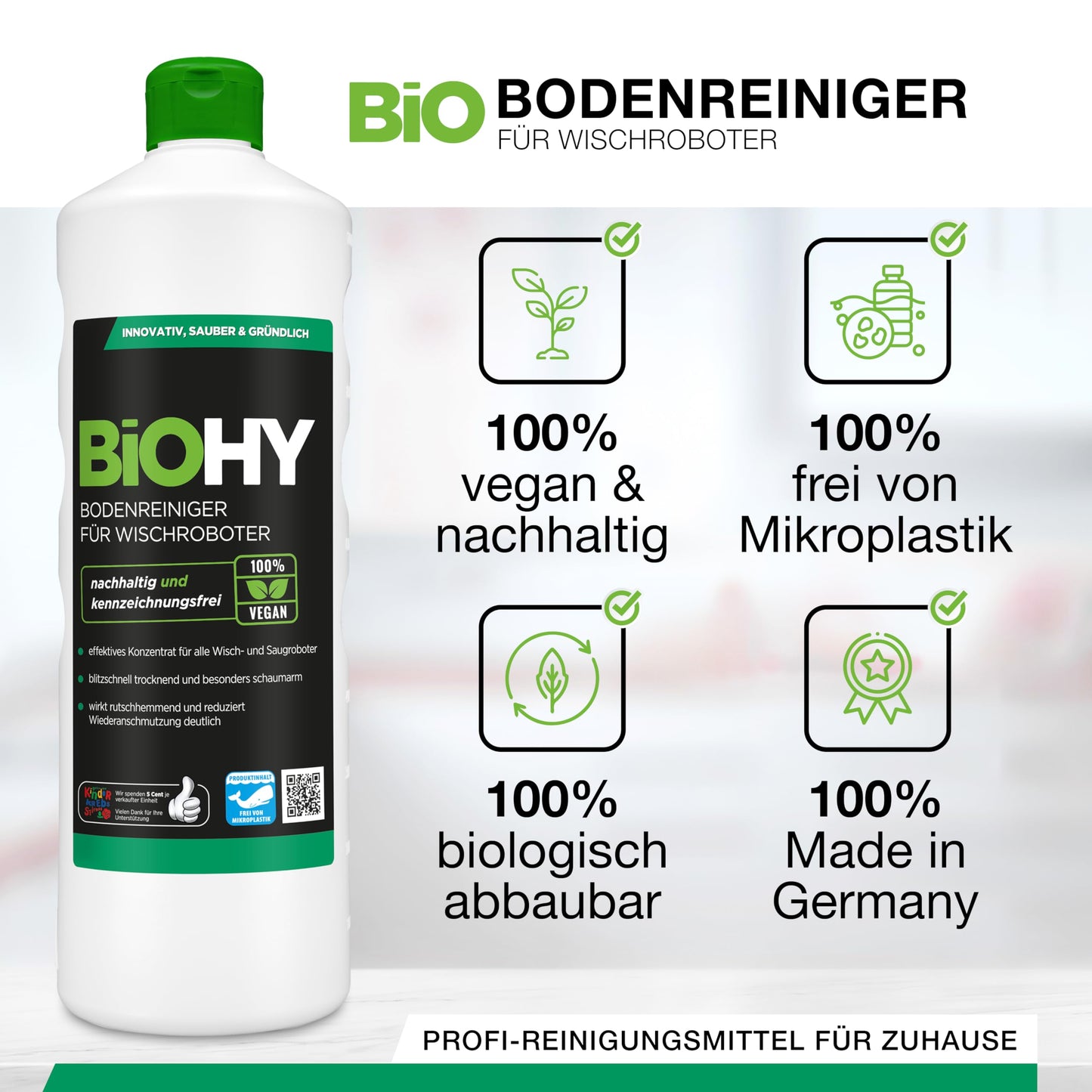 BiOHY Bodenreiniger für alle Wischroboter mit Frühlingsduft (1l Flasche) + Dosierer | Schaumarm & Streifenfrei | Reinigungsmittel Konzentrat für alle Böden