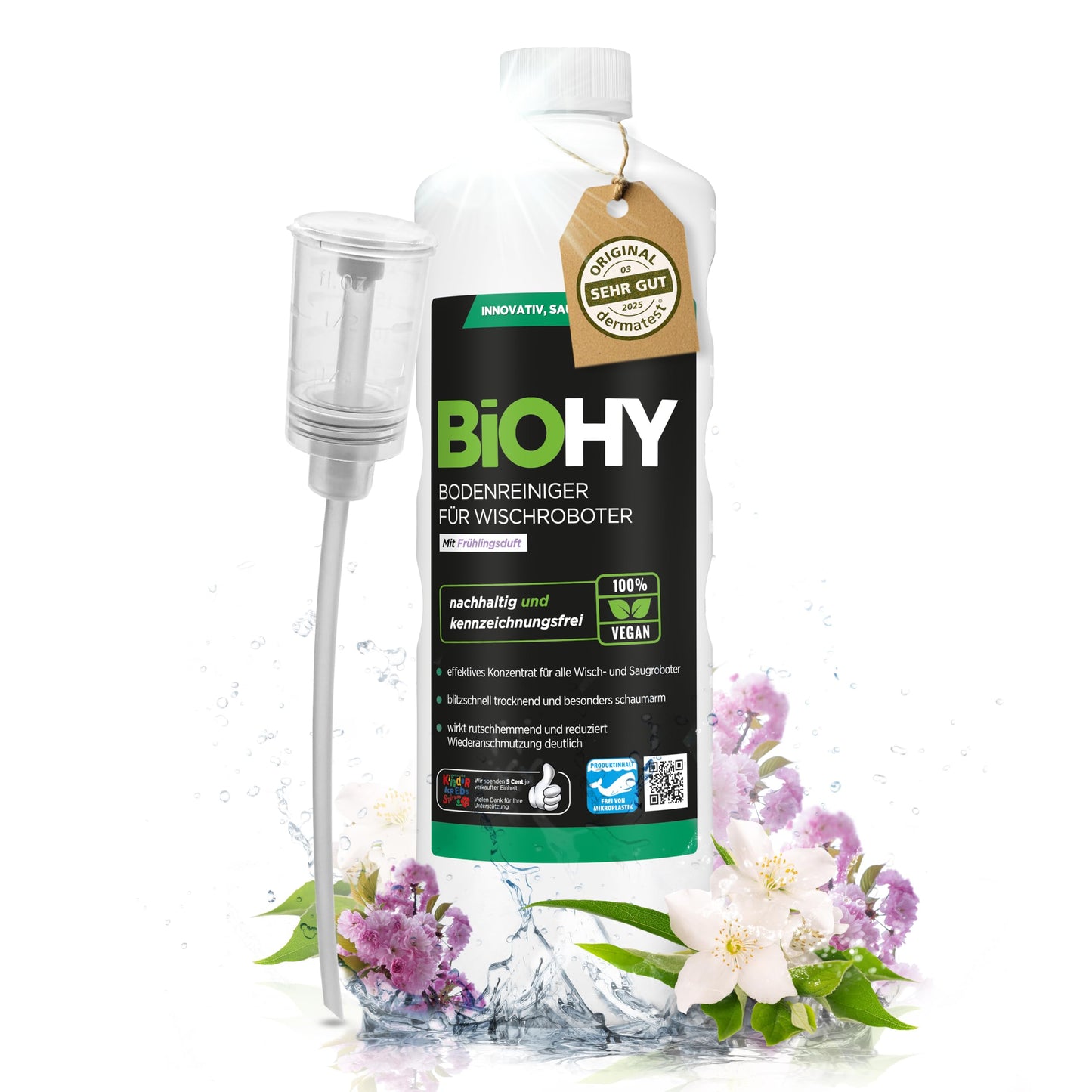BiOHY Bodenreiniger für alle Wischroboter mit Frühlingsduft (1l Flasche) + Dosierer | Schaumarm & Streifenfrei | Reinigungsmittel Konzentrat für alle Böden