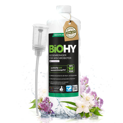 BiOHY Bodenreiniger für alle Wischroboter mit Frühlingsduft (1l Flasche) + Dosierer | Schaumarm & Streifenfrei | Reinigungsmittel Konzentrat für alle Böden