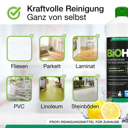 BiOHY Bodenreiniger für alle Wischroboter mit Frühlingsduft (1l Flasche) + Dosierer | Schaumarm & Streifenfrei | Reinigungsmittel Konzentrat für alle Böden